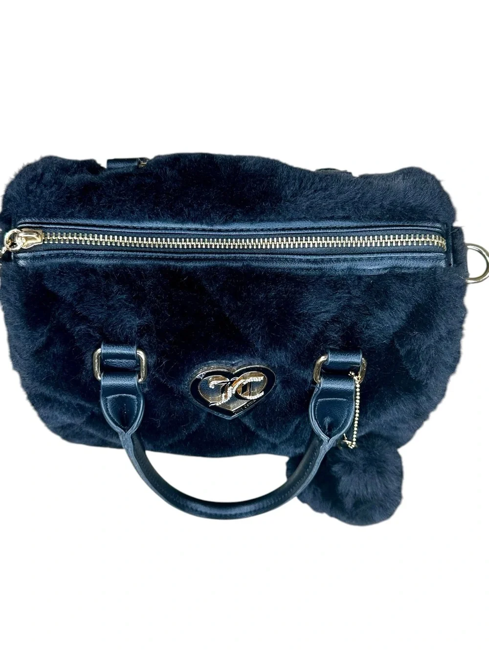 Juicy Couture Let's Get Cozy Black Faux Fur Satchel Purse Heart Logo No Flaws